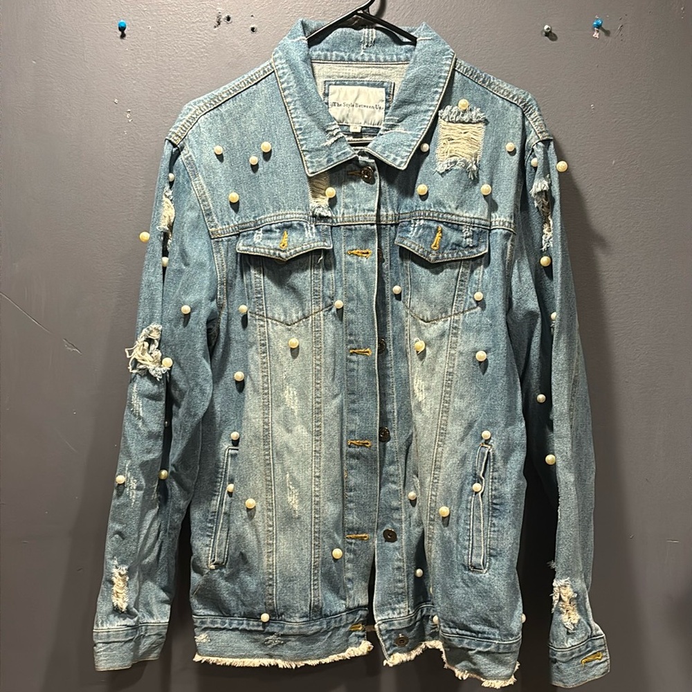 - The Style Between Us Pearl Studded Distressed Denim Jacket